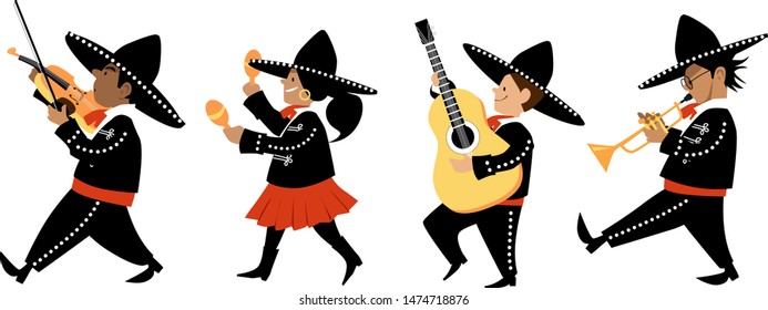 Cute kids in mariachi outfits playing traditional instruments, EPS 8 vector illustration