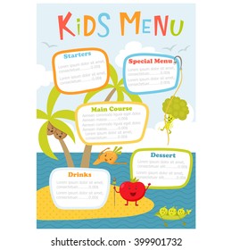 Cute Kids Meal Menu Vector Template With Cartoon Vegetables. Healthy Food For Child. Fflyer With Sea Island And Aborigine Tomato, Carrot, Peas, Broccoli, Coconut. Design