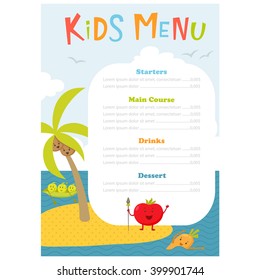 Cute Kids Meal Menu Vector Template With Cartoon Vegetables. Healthy Food For Child. Flyer With Sea Island And Aborigine Tomato, Carrot, Peas, Broccoli, Coconut. Design