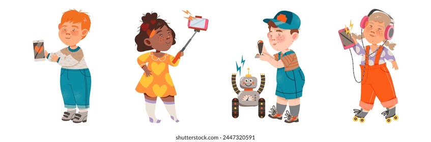 Cute Kids with Modern Gadget and Mobile Device Vector Set