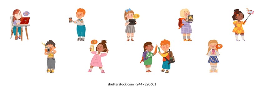 Cute Kids with Modern Gadget and Mobile Device Vector Set