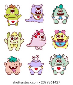 Cute kids monster. Cartoon kawaii scary funny baby character. Hand drawn style. Vector drawing. Collection of design elements.