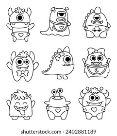 Cute kids monster. Coloring Page. Cartoon kawaii scary funny baby character. Hand drawn style. Vector drawing. Collection of design elements.