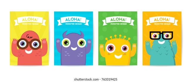 Cute Kids Monster Cover And Packaging Design Set Vector Illustration