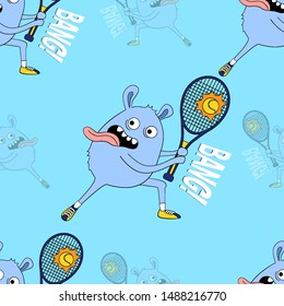 Cute kids monster pattern for girls and boys. Colorful tennis monster on the abstract bright background. The tennis monster pattern is made in bright colors. Urban pattern for textile and fabric