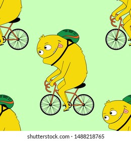 Cute kids monster pattern for girls and boys. Colorful cyclist monster on the abstract bright background. The cyclist monster pattern is made in bright colors. Urban pattern for textile and fabric
