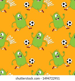 Cute kids monster pattern for girls and boys. Colorful football monster on the abstract bright background. The football monster pattern is made in bright colors. Urban pattern for textile and fabric