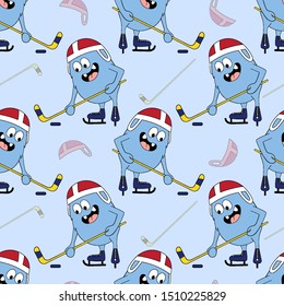 Cute kids monster pattern for girls and boys. Colorful hockey monster on the abstract bright background. The hockey monster pattern is made in bright colors. Urban pattern for textile and fabric