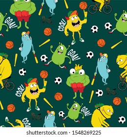 Cute kids monster pattern for girls and boys. Colorful sport monster on the abstract bright background. The monster pattern is made in bright colors. Grunge sport kids pattern for textile and fabric