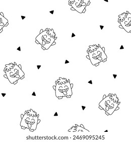 Cute kids monster. Seamless pattern. Coloring Page. Cartoon kawaii scary funny baby character. Hand drawn style. Vector drawing. Design ornaments.