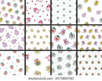 Cute kids monster. Seamless pattern. Cartoon kawaii scary funny baby character. Hand drawn style. Vector drawing. Collection of design ornaments.