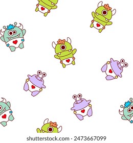 Cute kids monster. Seamless pattern. Cartoon kawaii scary funny baby character. Hand drawn style. Vector drawing. Design ornaments.