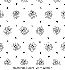 Cute kids monster. Seamless pattern. Coloring Page. Cartoon kawaii scary funny baby character. Hand drawn style. Vector drawing. Design ornaments.