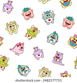 Cute kids monster. Seamless pattern. Cartoon kawaii scary funny baby character. Hand drawn style. Vector drawing. Design ornaments.