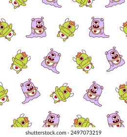 Cute kids monster. Seamless pattern. Cartoon kawaii scary funny baby character. Hand drawn style. Vector drawing. Design ornaments.