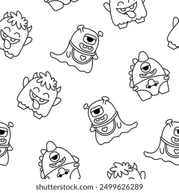 Cute kids monster. Seamless pattern. Coloring Page. Cartoon kawaii scary funny baby character. Hand drawn style. Vector drawing. Design ornaments.