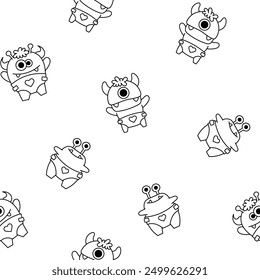 Cute kids monster. Seamless pattern. Coloring Page. Cartoon kawaii scary funny baby character. Hand drawn style. Vector drawing. Design ornaments.