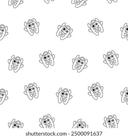 Cute kids monster. Seamless pattern. Coloring Page. Cartoon kawaii scary funny baby character. Hand drawn style. Vector drawing. Design ornaments.