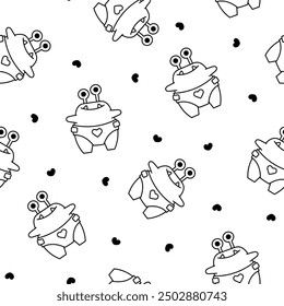 Cute kids monster. Seamless pattern. Coloring Page. Cartoon kawaii scary funny baby character. Hand drawn style. Vector drawing. Design ornaments.