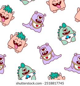 Cute kids monster. Seamless pattern. Cartoon kawaii scary funny baby character. Hand drawn style. Vector drawing. Design ornaments.