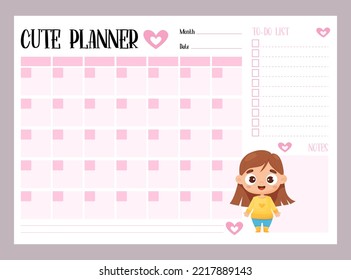 Cute kids monthly planner, to do list and notes with cute cartoon girl. Vector horizontal template. Girlish organizer in pink for print and design, children collection, stationery, schedule, planning