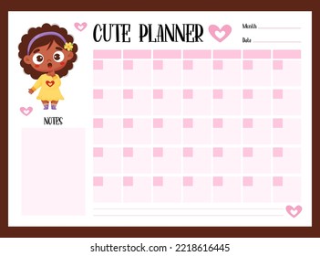 Cute kids monthly planner, to do and notes with cute black ethnic girl. Vector horizontal template. Girlish organizer in pink for print and design, children collection, stationery, schedule, planning