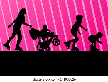 Cute kids, mother with cart in roller skates vector background family concept
