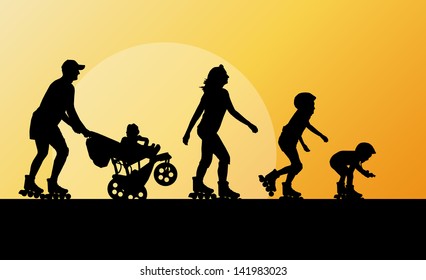 Cute kids, mother, father with cart in roller skates vector background family concept