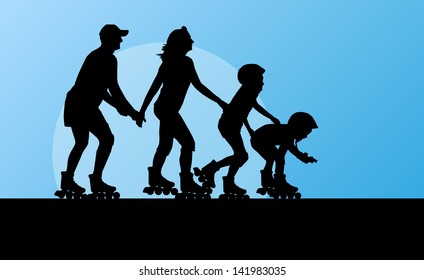 Cute kids, mother, father in roller skates vector background family concept