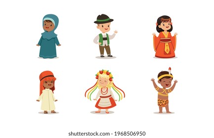 Cute Kids in National Costumes of Different Countries Set, Boys and Girls Wearing Clothes of Germany, Africa, Ukraine, China Countries Cartoon Vector Illustration