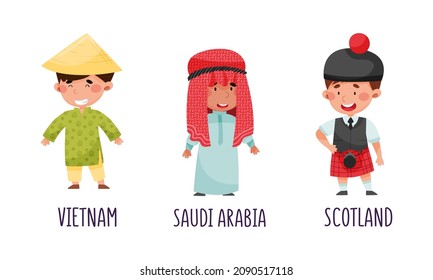 Niños con trajes nacionales de diferentes países. Niños vestidos con ropa tradicional de Vietnam, Arabia Saudita, Escocia ilustración vectorial de dibujos animados