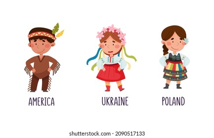 Cute kids in national costumes of different countries set. Children in traditional clothing of America, Ukraine, Poland cartoon vector illustration