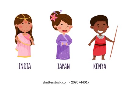 Niños con trajes nacionales de diferentes países. Niños vestidos con ropa tradicional de la India, el Japón, Kenya ilustración vectorial de dibujos animados