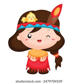 Cute Kids Native American Indians Costume Cartoon Illustration Vector Clipart Sticker