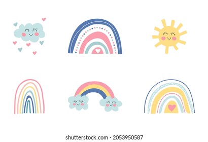 Cute kids nursery collection. Hand drawn rainbows, sun, funny clouds, stars, hearts. Sky background. Baby shower. Lovely cartoon rainbows for wallpaper fabric wrapping apparel. Vector illustration.