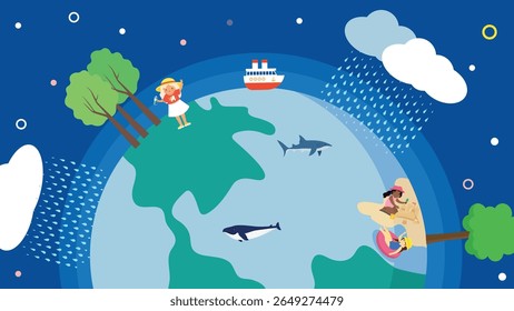 Cute kids on the globe. Vector illustration in flat style.