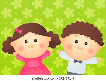 Cute kids on green background