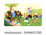 Cute kids on playground with kindergarten teacher. Preschool children running, play games, catch up, have fun, learn nature, read book on walk. Summer activities outdoor. Flat vector illustration