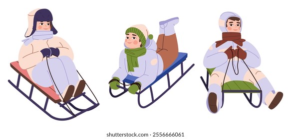 Cute kids on a sled. Set of three illustrations. Three boys on a sled. Flat vector illustration. Eps10