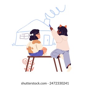 Los niños lindos están sobre la mesa para llegar y dibujar a casa con tiza vista trasera. Niños felices crean garabatos en la pared. Amigos, niñas pintando con lápices de colores. Ilustración vectorial plana aislada sobre blanco