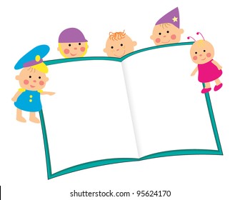 Cute kids and open book. Vector illustration