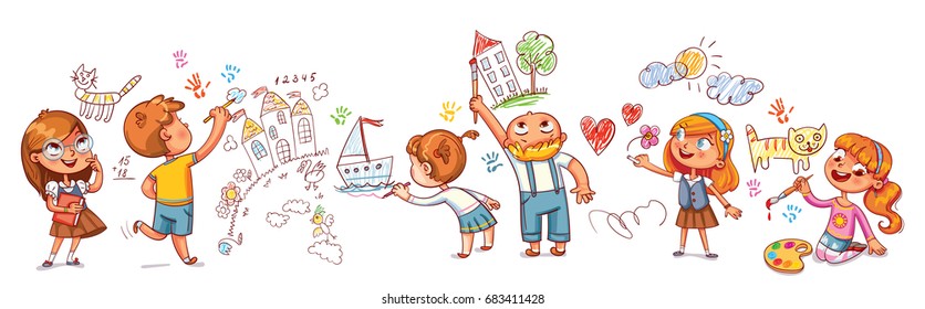 Cute kids paint drawings on the wall. Seamless children's panorama for your design. Template for advertising brochure. Funny cartoon character. Vector illustration. Isolated on white background - Shutterstock ID 683411428