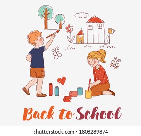 Cute kids painting and drawings on the wall