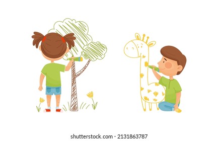 Cute kids painting drawings on wall. Little boy and girl with crayons cartoon vector illustration