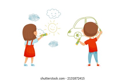 Cute kids painting drawings on wall. View from behind of little boy and girl with crayons cartoon vector illustration