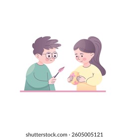 Cute Kids Painting Easter Egg, Pastel Spring vector Illustration
