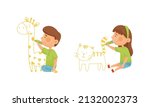 Cute kids painting giraffe and tiger animals on wall. Little boy and girl with crayons cartoon vector illustration