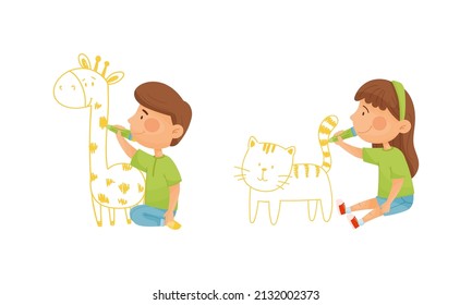 Cute kids painting giraffe and tiger animals on wall. Little boy and girl with crayons cartoon vector illustration