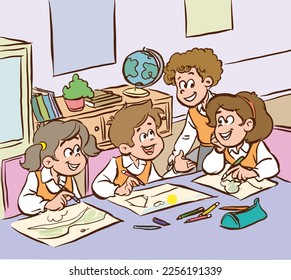 cute kids painting together cartoon vector
