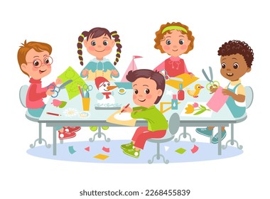 Cute kids paper crafts. Students group sitting at common table. Happy children cut and fold colored pages. Boys and girls glue applique. Kindergarten lesson. Splendid